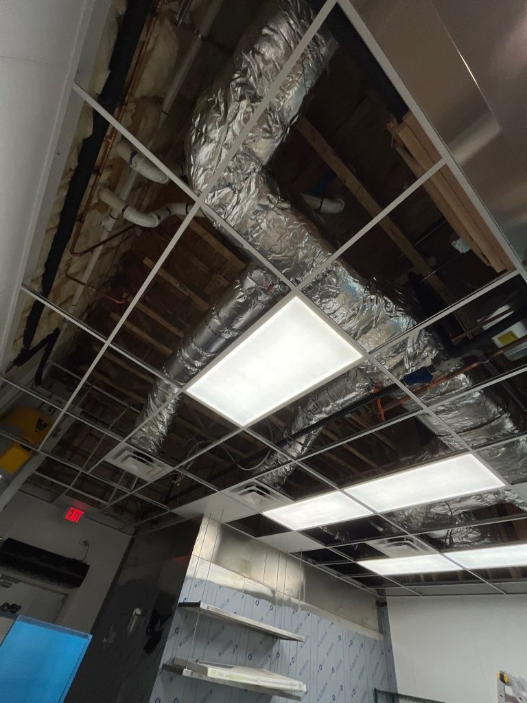 Exterior photo of ceiling lights at a UPS store in Santa Clarita, CA, a city in Southern California. Services provided here include Lighting Controls Acceptance Testing.