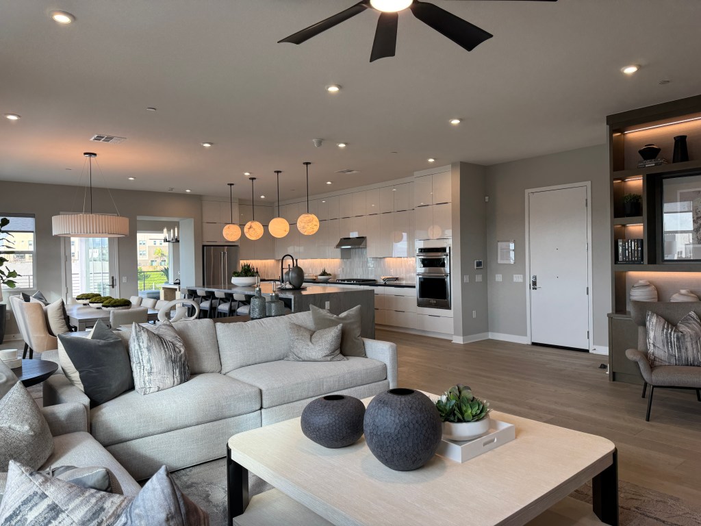 Interior shot of a living room in the Ironridge at Metro Heights, a new luxury custom built single family condo community in Montebello, CA. Services performed here include ECC verifications and tests (HERS) and mechanical acceptance testing.
