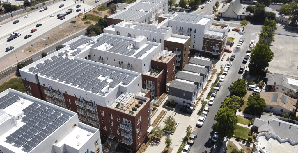 Aerial photo of the Pioneer Village in Glendale, CA. This is a multifamily development that received ECC and HERS Verifications and Air Balancing.