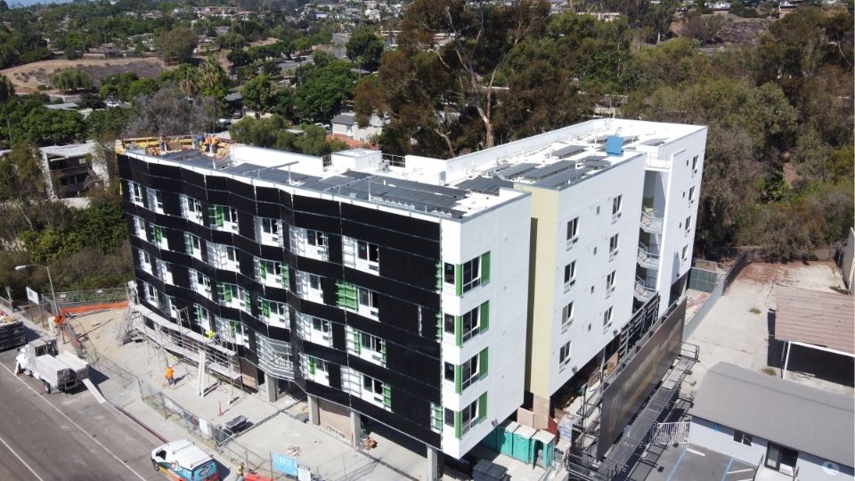 Aerial photo of Rose Creek Village, a new multifamily project in San Diego, CA, in Southern California. Services performed include ECC/HERS Testing.